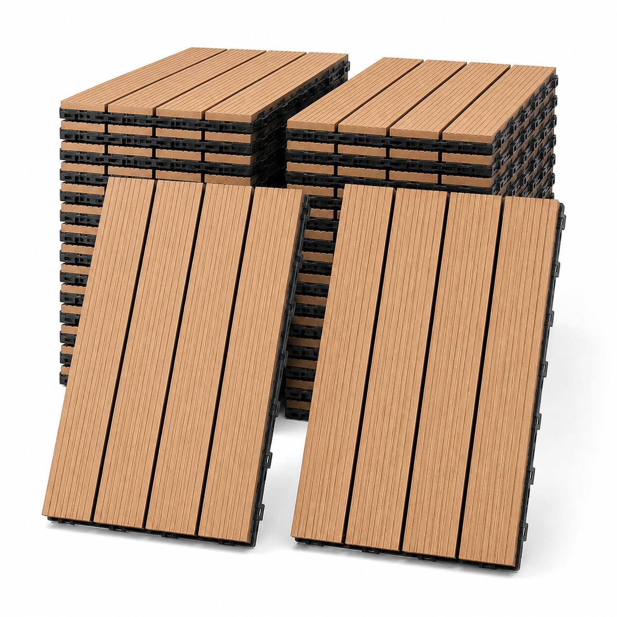 Piastrelle in WPC per terrazza, 30 x 60 cm, colore teak, 60 pezzi (10 m²), piastrelle a scatto per balconi, terrazze e giardino, resistenti alle intemperie, antiscivolo, con drenaggio, facili
