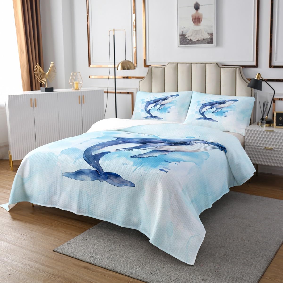 Erosebridal Whale Quilt Set Queen Size for Kids Teens Adults,Watercolor Whale Coverlet Set,Cartoon Ocean Animal Bedspread Set,Blue Fluid Ink Art Bed Cover Bedroom Decor