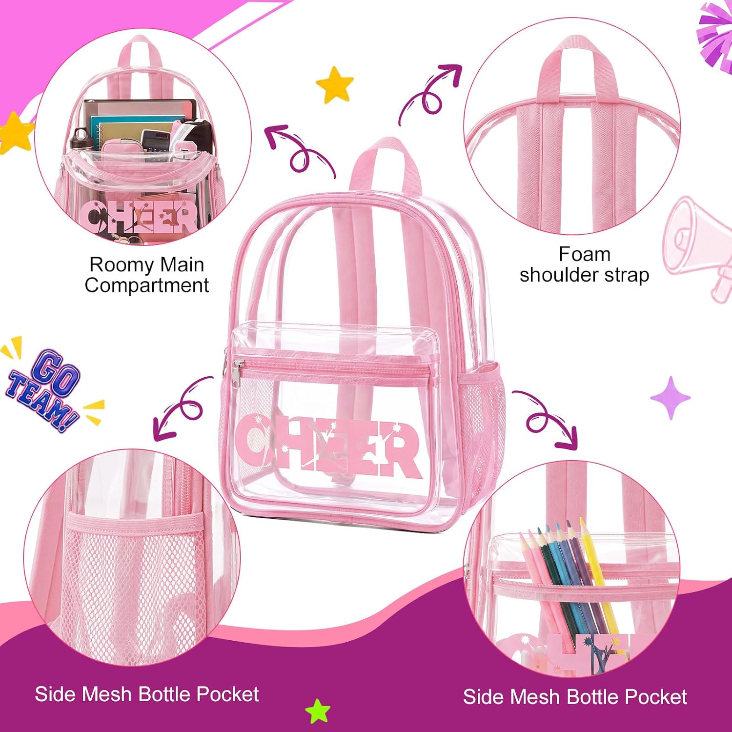 Clear Cheer Backpack Stadium Approved Cheerleading Bag, Light Pink image 3