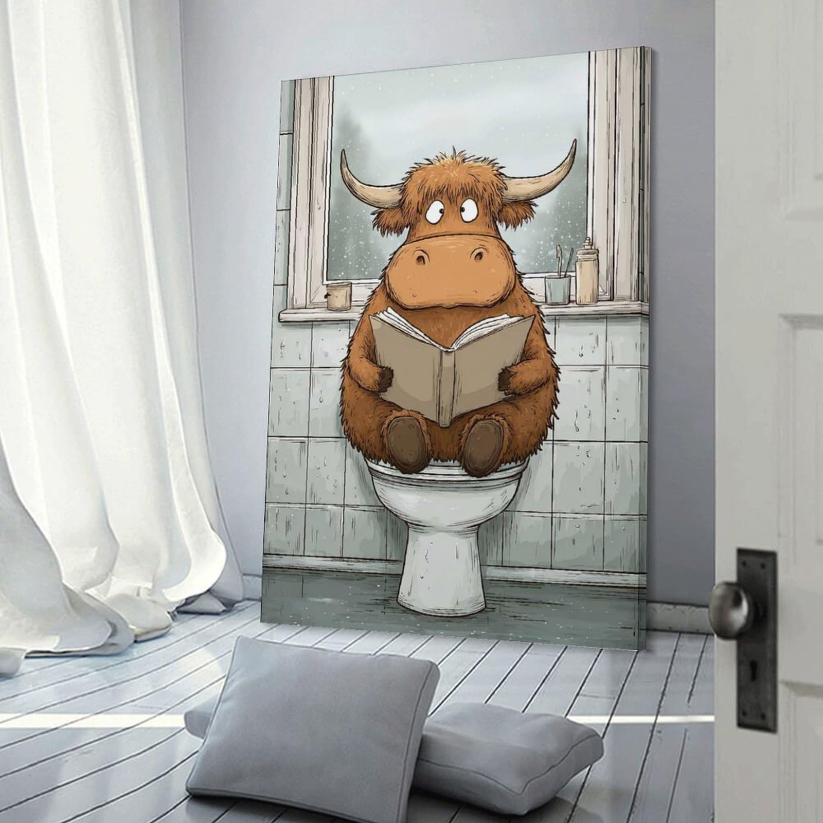 Junmoney Frame-Style-6 Highland Cow Reading On Toilet Wall Picture Print 24X36inch(60X90cm), For Lounge Decor, Offices Or Entryway Styling, Versatile Wall Decor For Many Rooms