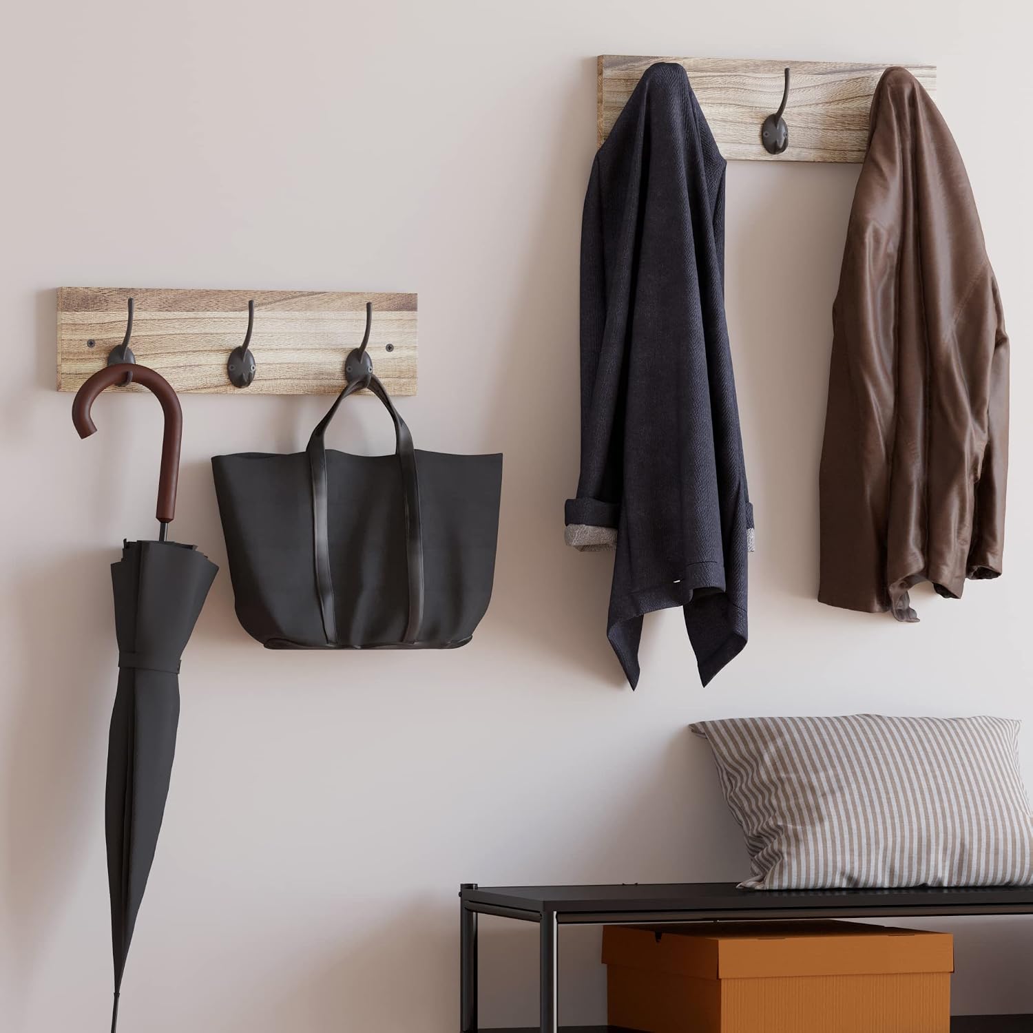 Coat Rack Wall Mounted with 3 Hooks, 2 Pack Rustic Wooden Hat Hanger for Living Room, Bedroom, Bathroom, Kitchen, Mudroom