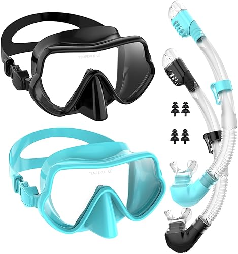 Bairuifu Juego profesional de máscara y esnórquel sin marco, panorámica de 180, antifugas, lente de vidrio templado antivaho, juego de esnórquel de