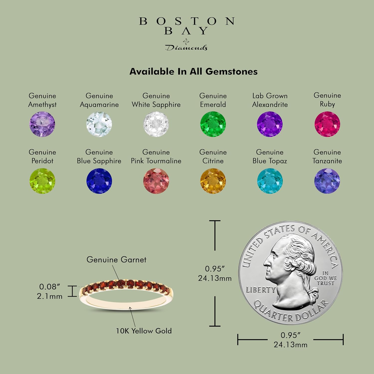 Boston Bay Diamonds 10K Gold Stackable Wedding Gemstone Anniversary Band Ring - Choice of Birthstone, Ring Size, and Yellow or White Gold