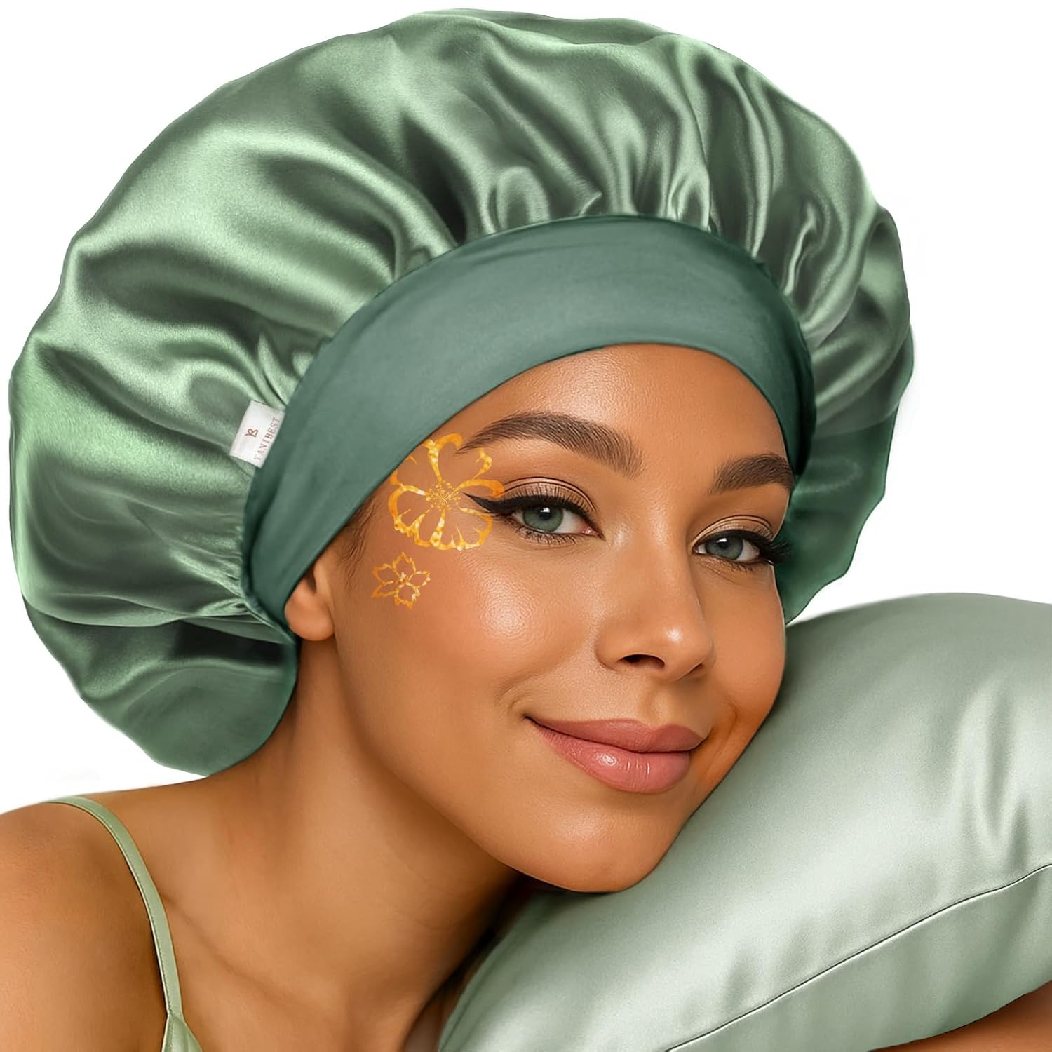 yanibest silk bonnet for sleeping women, double layer hair satin bonnets with elastic band, sleep cap curly natural hair one size green