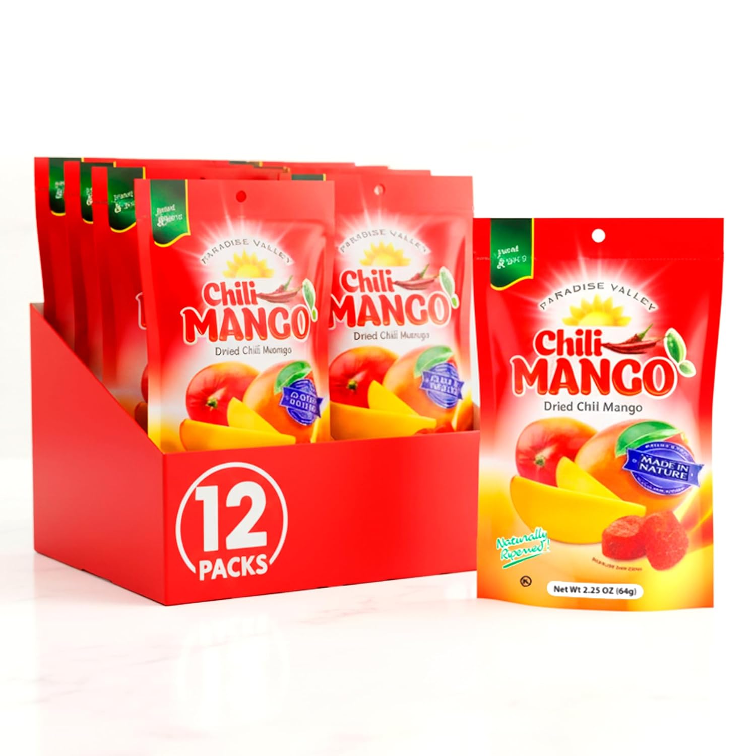 Dried Chili Mango Original Flavor, Suger Free, 100% Vagan, Non-GMO, Glutten Free (All Natural Ingredients) (2.25 oz) 12Pack