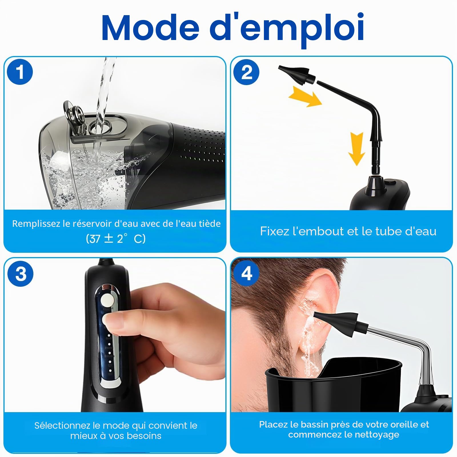 Nettoyeur d'oreille électrique avec 4 modes de pression, étanche IPX7, douche d'oreille avec 4 buses, rinçage des oreilles pour usage domestique, nettoyant auriculaire pour enfants adultes, noir