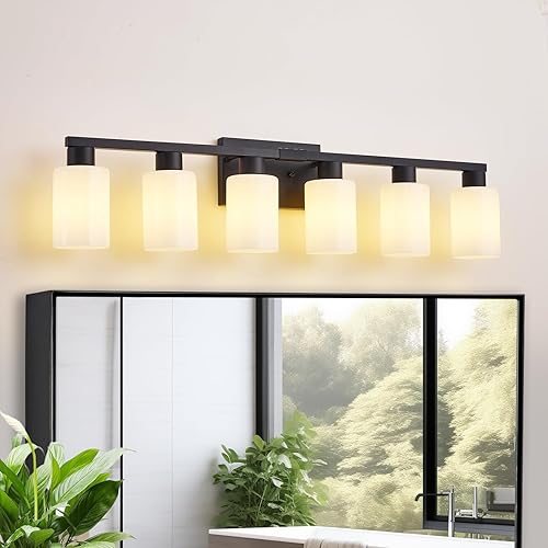 Lámpara de tocador de baño de 6 luces negras, iluminación negra mate para espejo, lámparas de baño rústicas con vidrio esmerilado blanco lechoso,