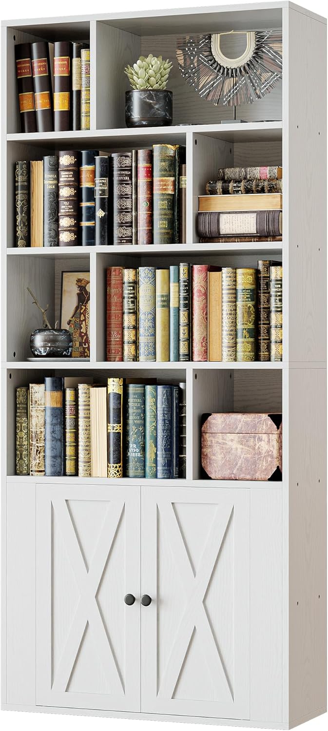 IRONCK Book Shelf, Tall Bookshelf with Storage, Bookshelves and Bookcases with Doors, 4-Tier Bookcase with 8 Open Cubes for Living Room, Office, Study, White