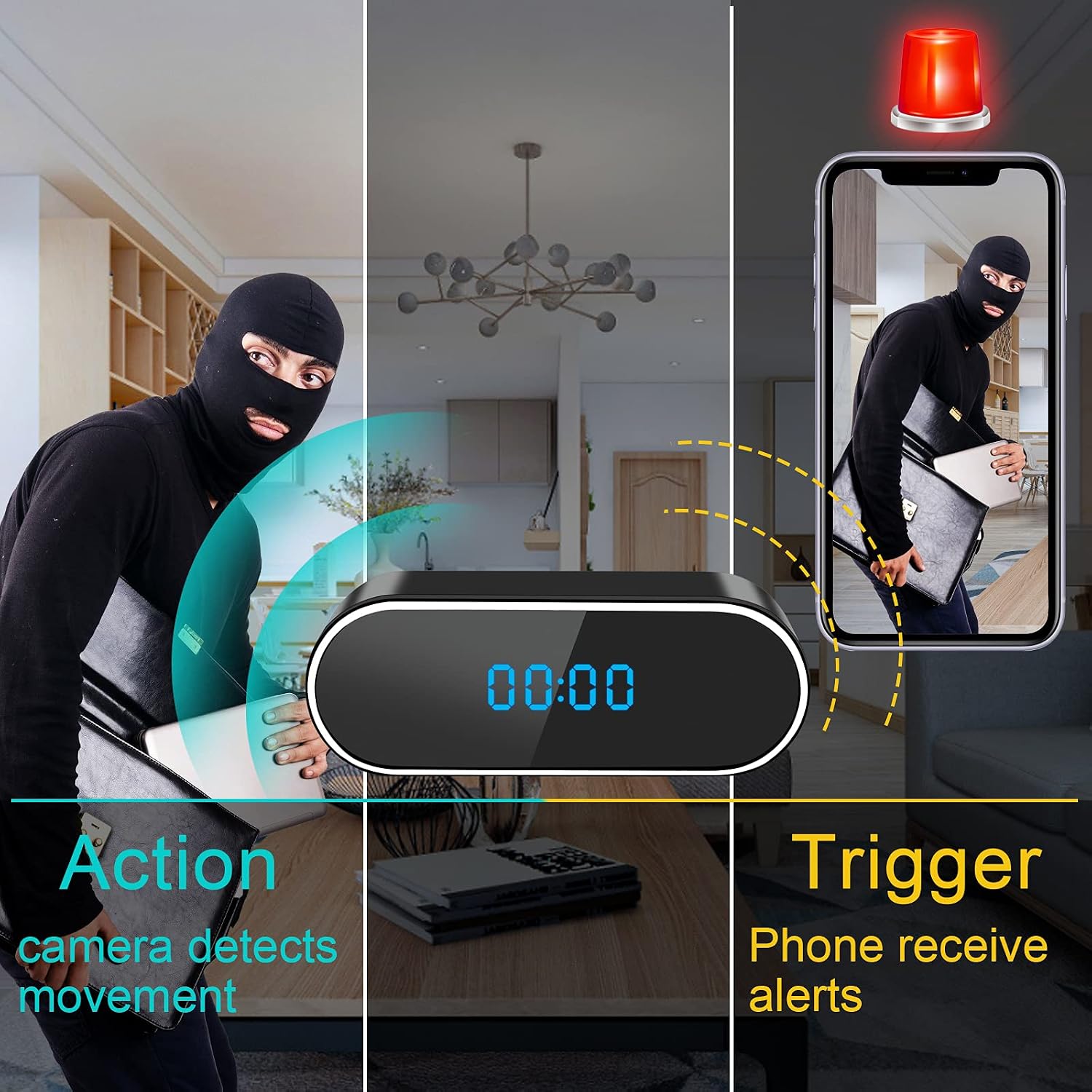 Image illustrating the motion detection feature of the UYIKOO CC10 camera, showing a person entering a room, the camera detecting movement, and a smartphone receiving an instant alert.