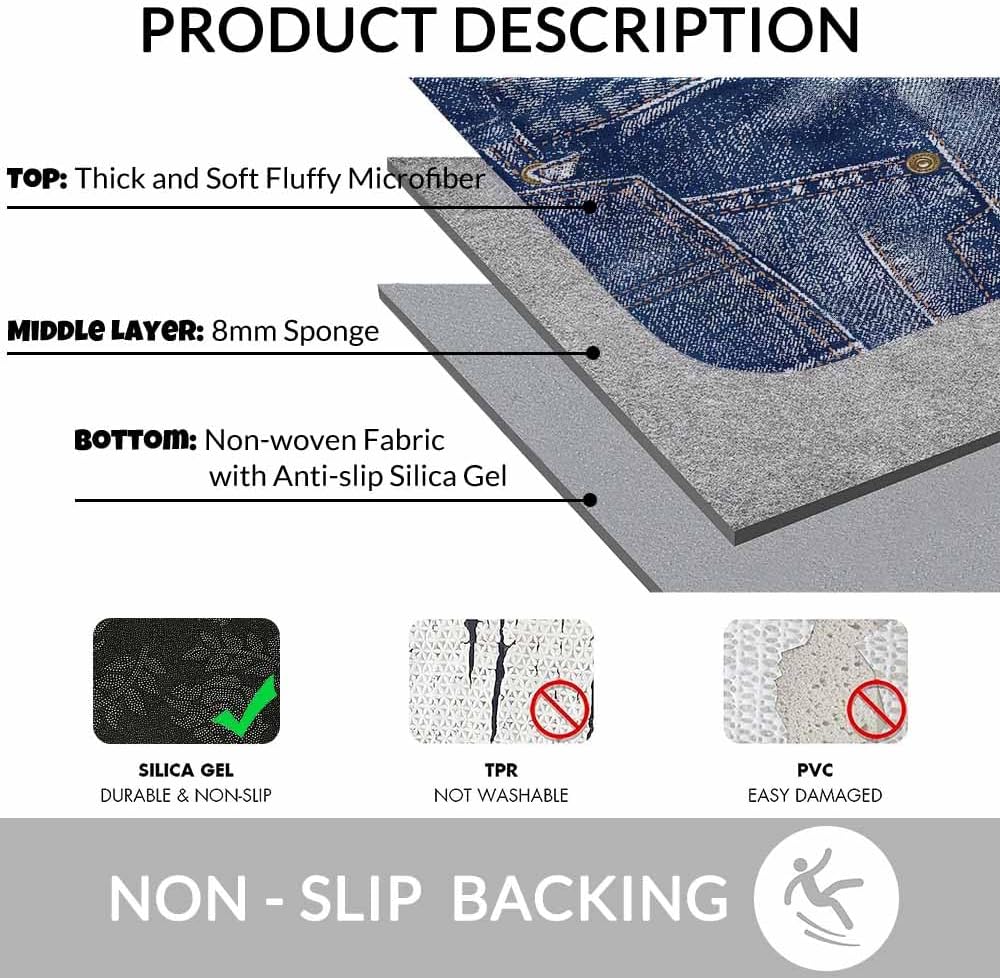 Denim Patchwork Texture Bath Mat for Bathroom Fabric Apparel Indigo Miscellaneous Bath Rugs Door Mat Non Slip Rubber Backed Bathroom Floor Mat for Bathtub Sink Shower 20"X32"