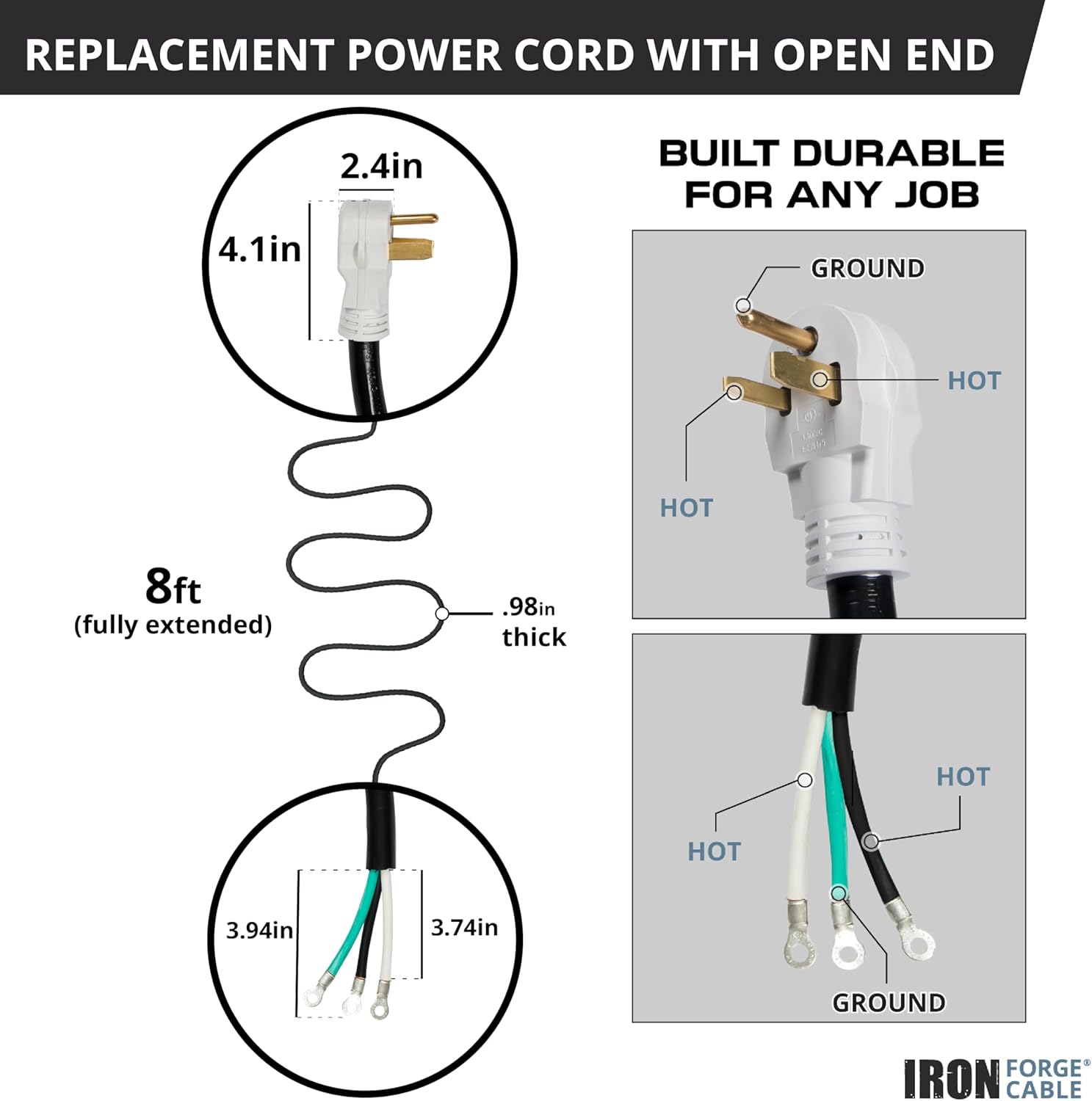 Iron Forge Cable NEMA 6-50 Extension Cord with Open End - 8ft 50 Amp EV Power Cord 3 Prong with Eyelet, 6/3 Gauge Replacement Cable - NEMA 6-50 Plug STW