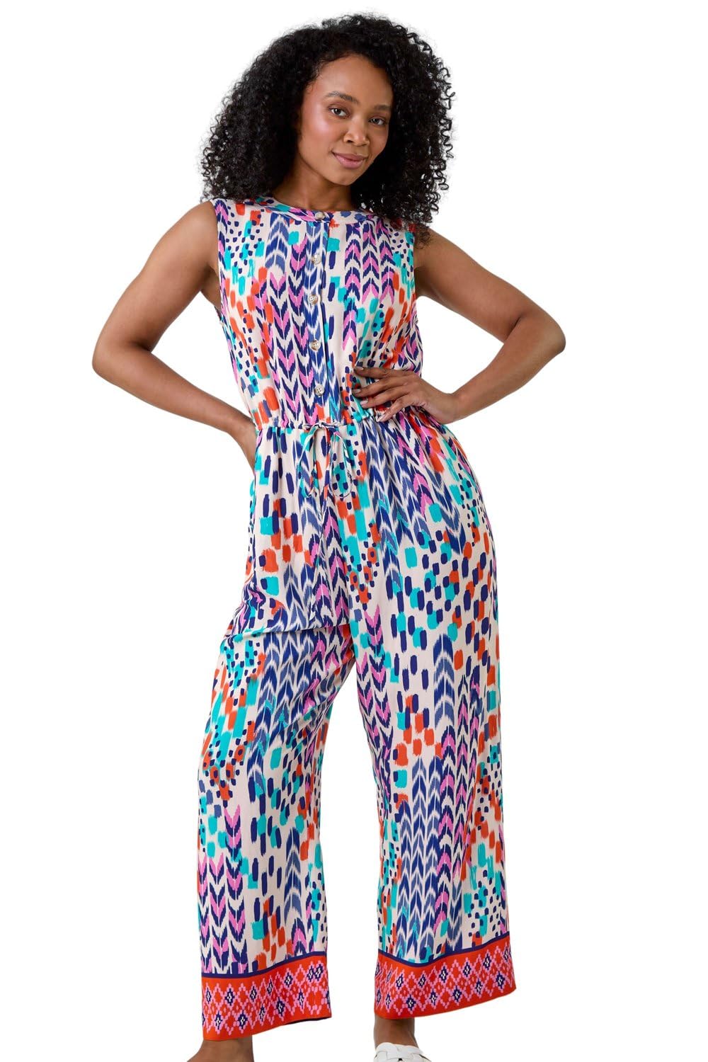 Roman Petite Floral Border Print Jumpsuit for Women UK - Ladies Everyday Holiday Spring Summer Round Neckline Comfy Soft Evening Vacation Work Party - Petite Multi - Size 14