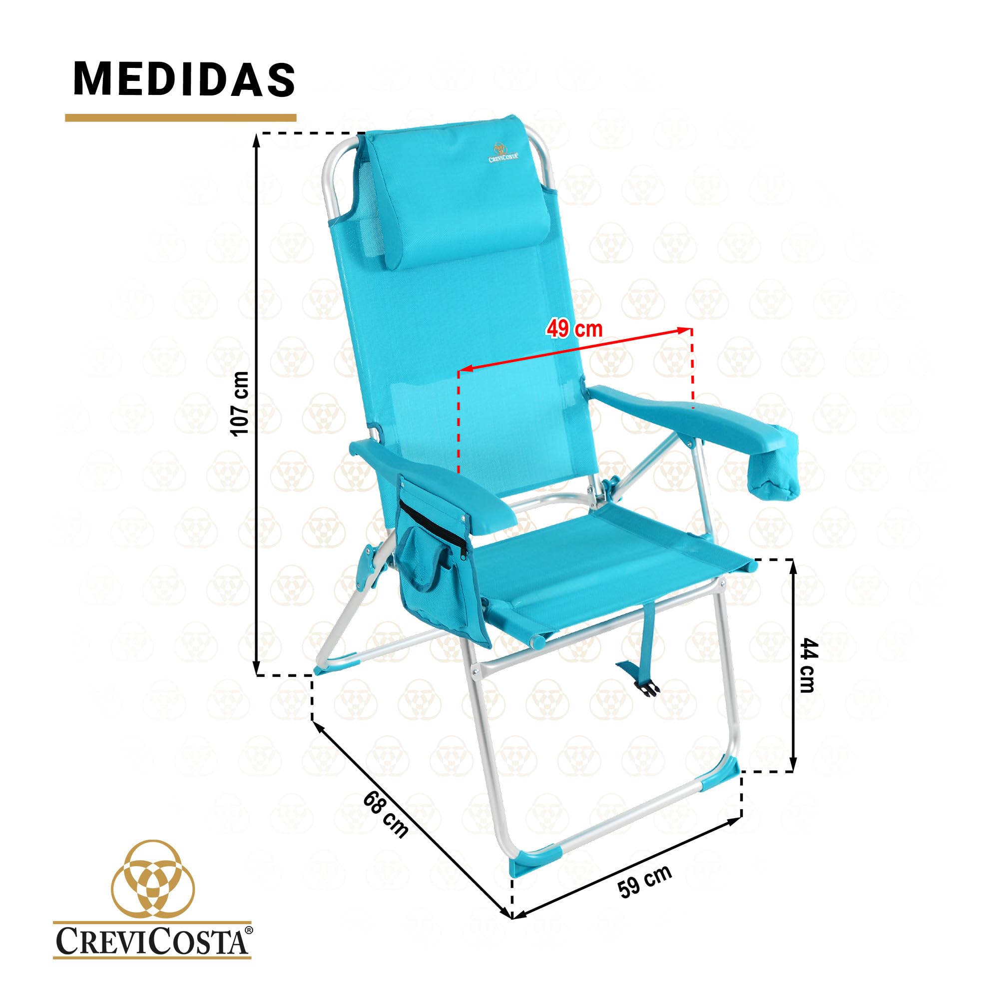 CREVICOSTA QUALITY MARK MARCAS DE CALIDAD - Palmera 2081-3 - Silla de Playa Plegable con reposabrazos, y 8 Posiciones. con Nuevo cojín ergonómico y Nueva Nevera incorporada. Textilene (Turquesa)