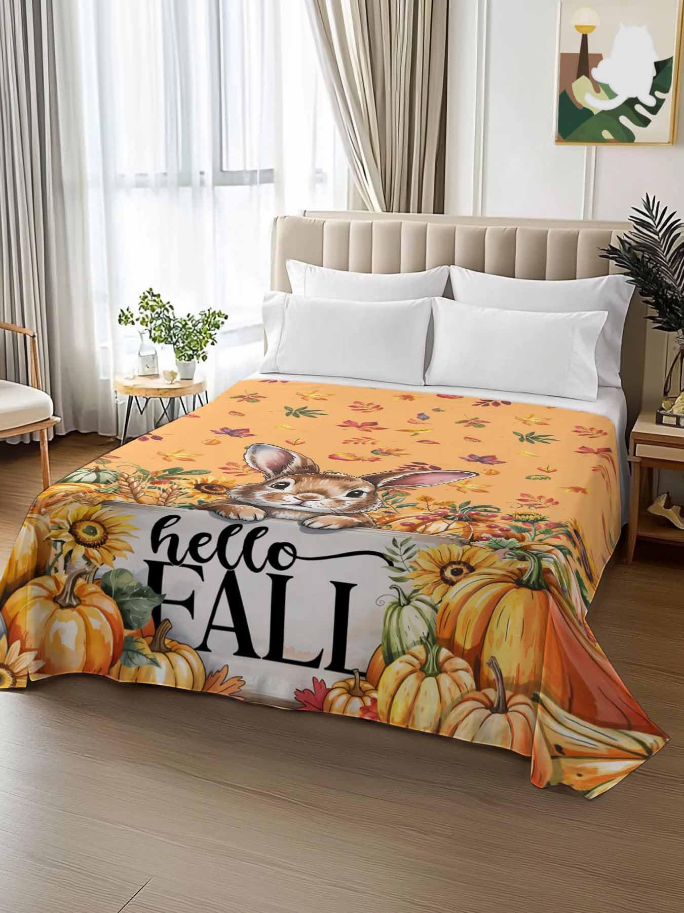 Queen Size Flat Sheet Only, Fall Rabbit Thanksgiving Pumpkin Bed Top Sheet Soft Microfiber Breathable Bedding Flat Sheets, Orange Maple Leaf Top Sheets Hotel Luxury