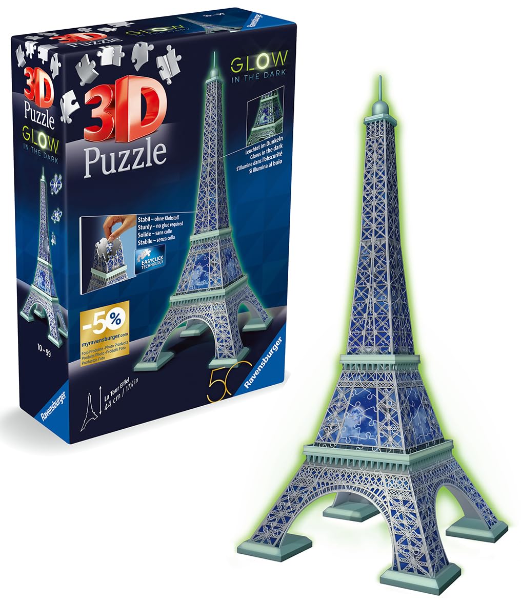 Ravensburger Glow in The Dark Eiffel Tower 3D Jigsaw Puzzles for Kids and Adults Age 8 Years Up - 50th Anniversary Edition - 216 Pieces - No Glue Required