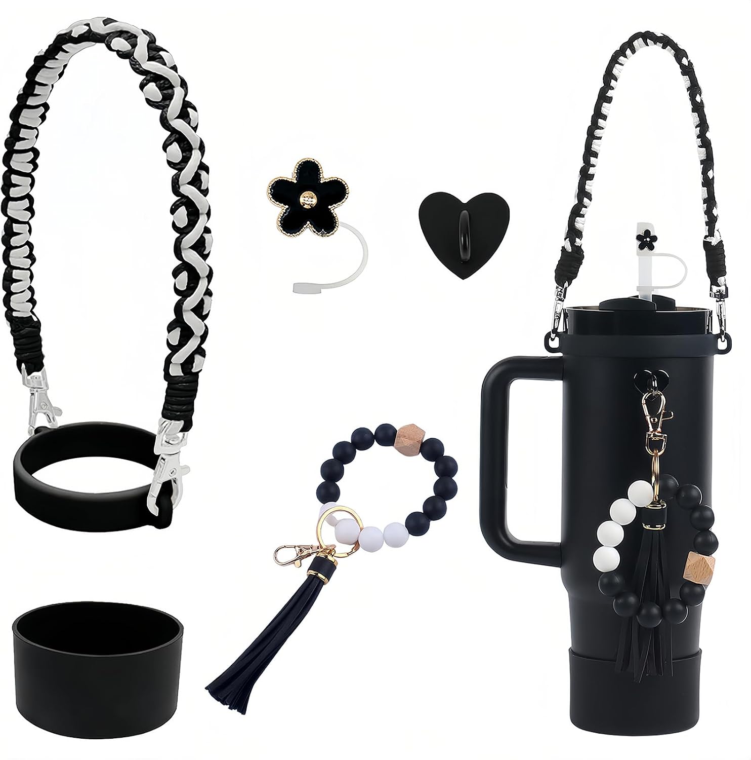 BELSITA Stanley Cup Accessories Set - Bead Bracelet Braided Design Water Bottle Handle Strap, Silicone Boot, Charms for 30/40oz Tumble (Black)