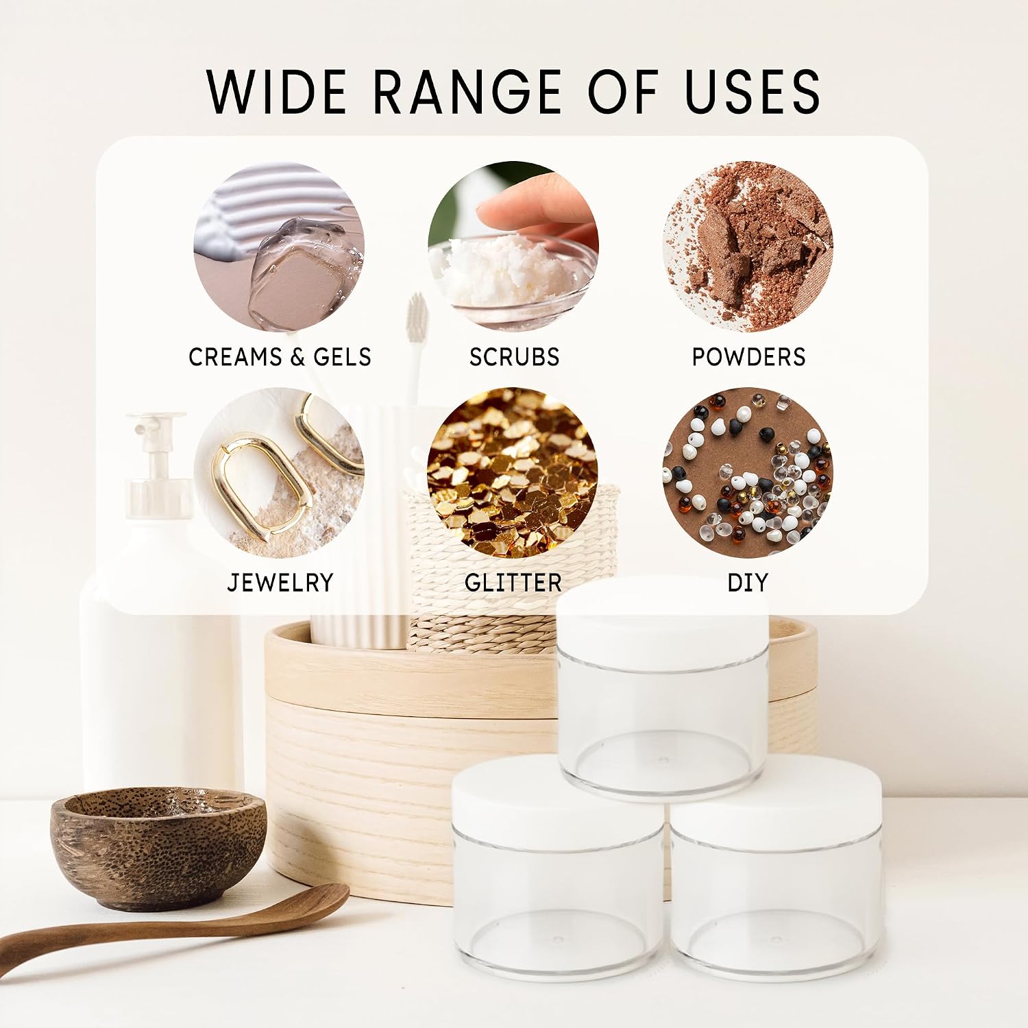 Beauticom 60 Grams/60 ML (2 Oz) Round Clear Leak Proof Plastic Container Jars with White Lids for Travel Storage Makeup Cosmetic Lotion Scrubs Creams Oils Salves Ointments (36 Jars)