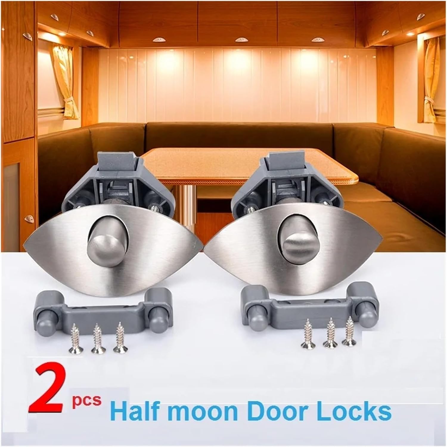 2xZinc Alloy Half Moon Handle Push Lock Latch Knob RV Cupboard/Drawer Camper Kitchen Cabinet Door Locks Hardware Patrs(Chrome)