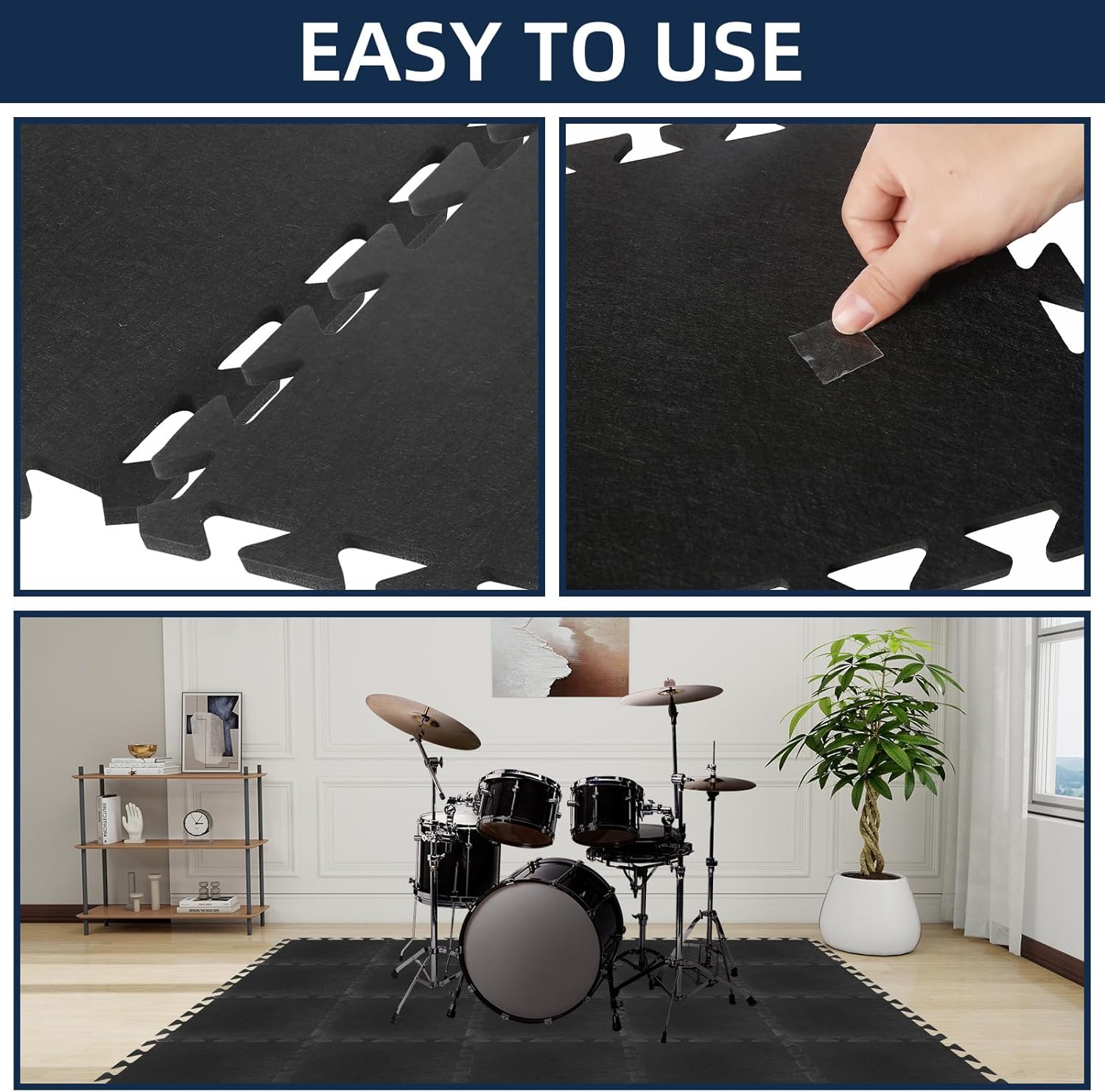 20 Pieces Sound Absorbing Interlocking Floor Mats, 11.8 x 11.8 x 0.4 inches High Density Felt Soundproof Pads Non-Slip Anti Vibration Puzzle Acoustic Blankets Piano Carpet Drum Rug, Black