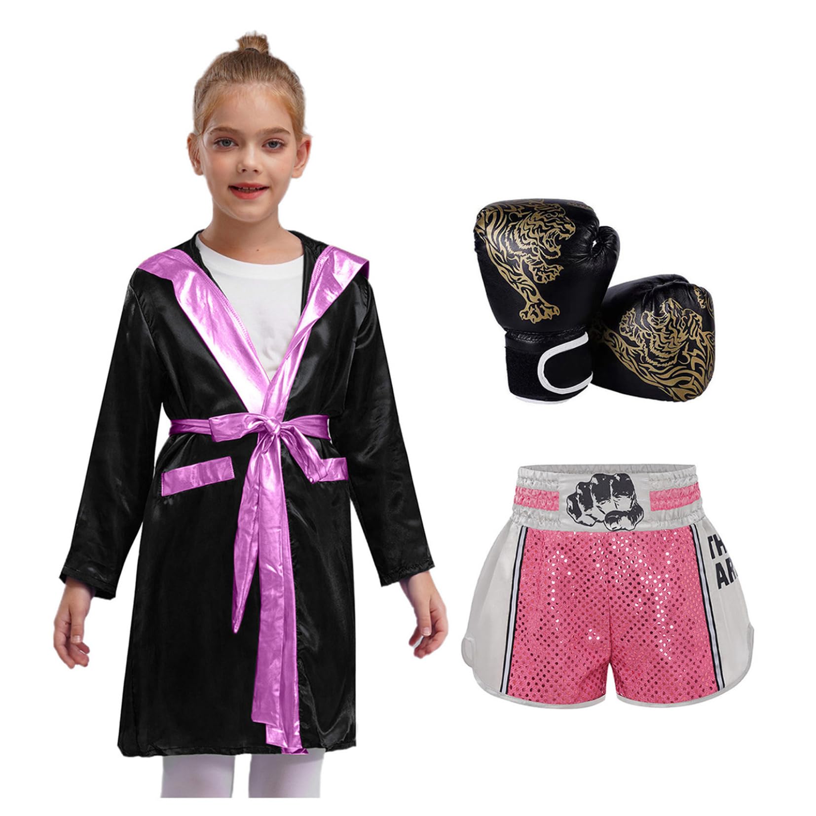Ensemble Short Et Peignoir De Boxe Gants Ceinture Pour Garçon Fille Tenues De Boxe Arts Martiaux Festivals Carnaval