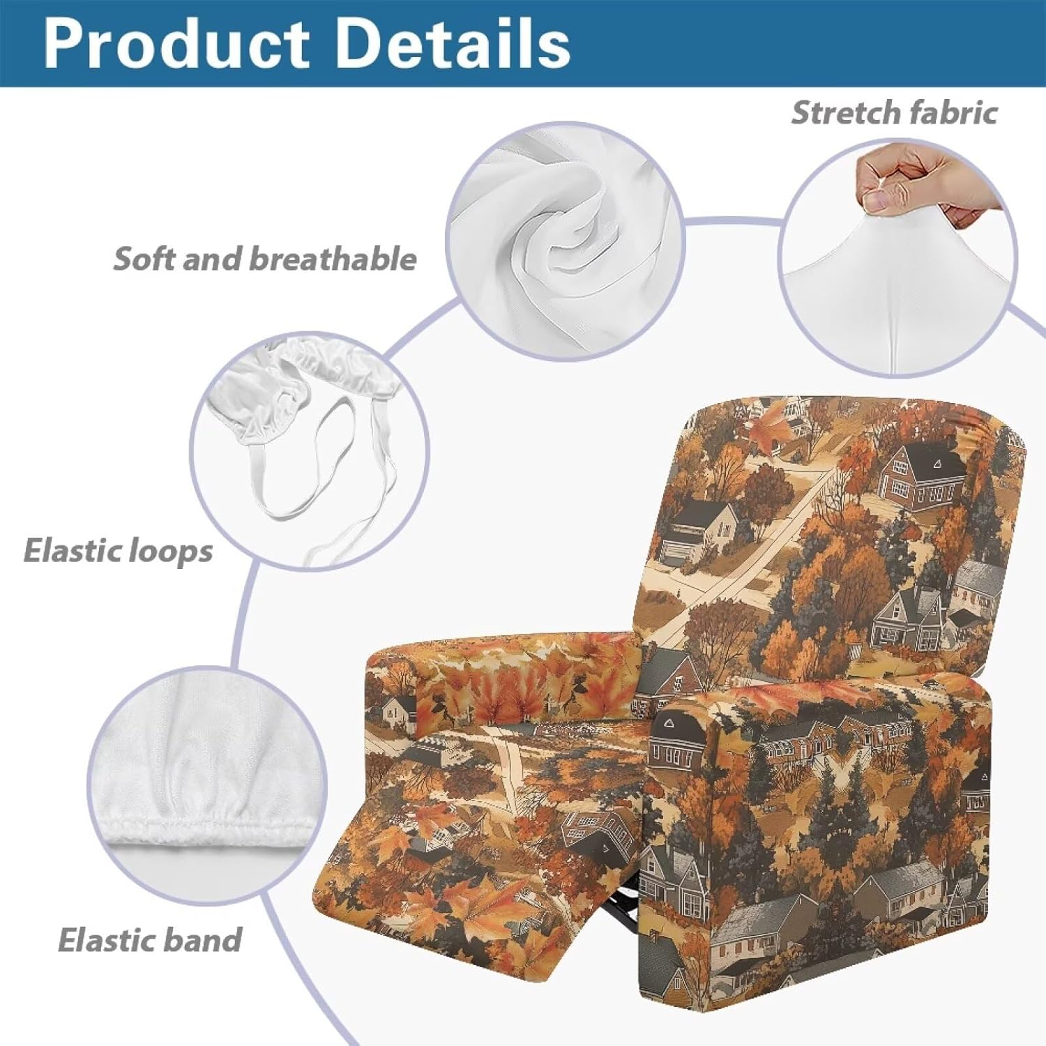 FOR U DESIGNS Fall Village Recliner Chair Covers 4 Pieces Sofa Slipcover Washable Fabric with Side Pockets Universal Fit Reclining Protector Pet Hair Resistant