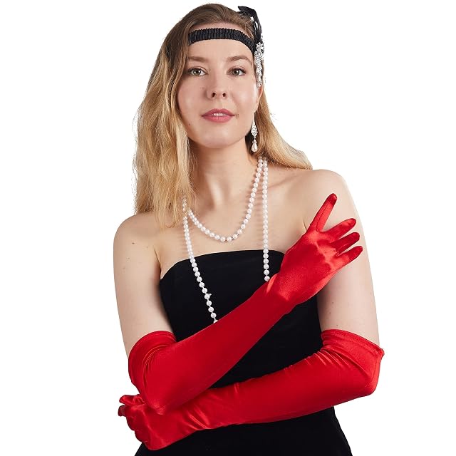 Foto 5 de 7 de Spooktacular Creations Guantes largos de fiesta de ópera, guantes rojos de satén para mujer, de seda