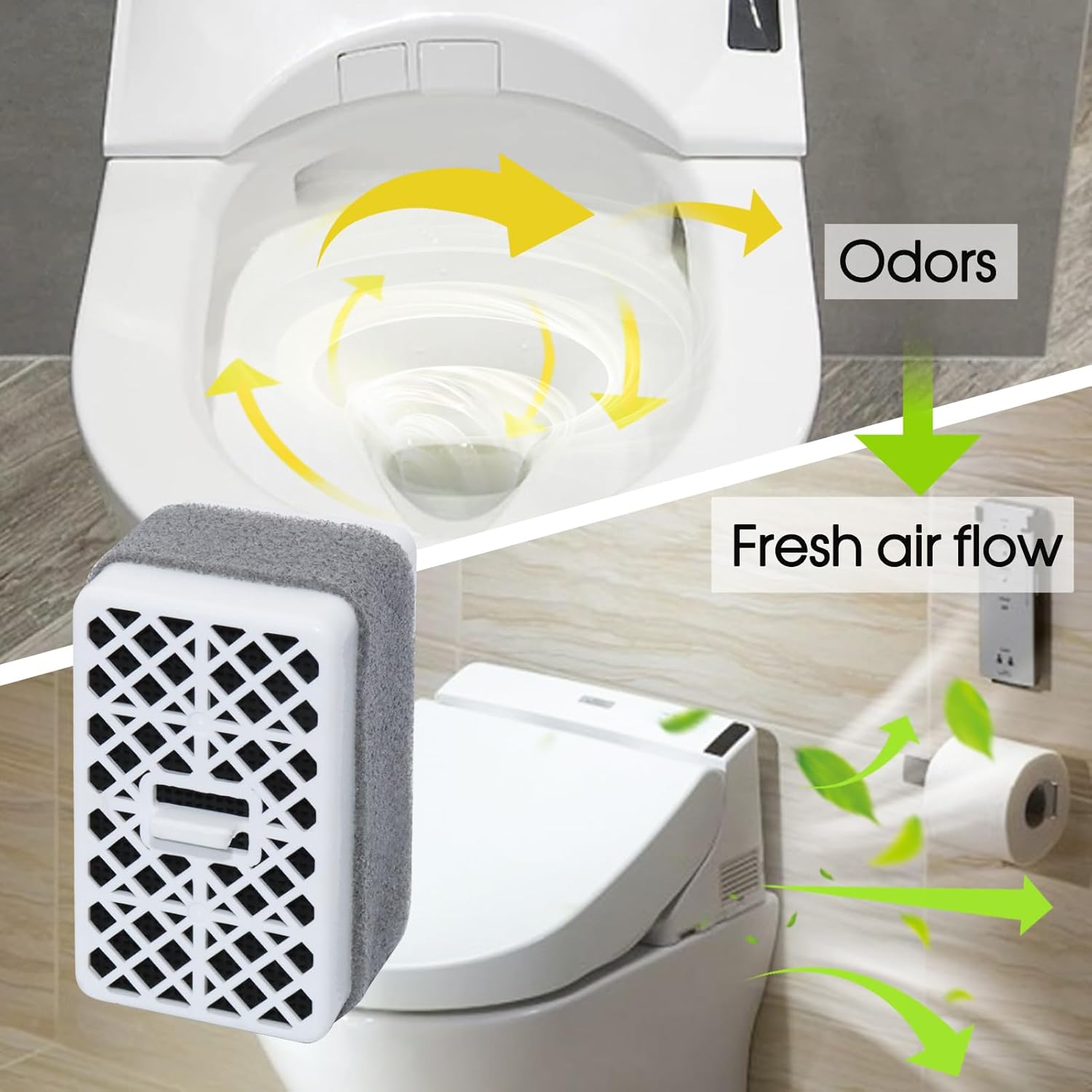 Diagram showing air flow and odor removal by the filter