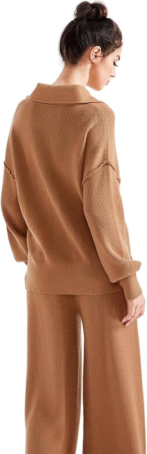 SUUKSESS Women 2 Piece Lounge Sets Oversized Quarter Zip Pullover Wide Leg Pants - Image 3