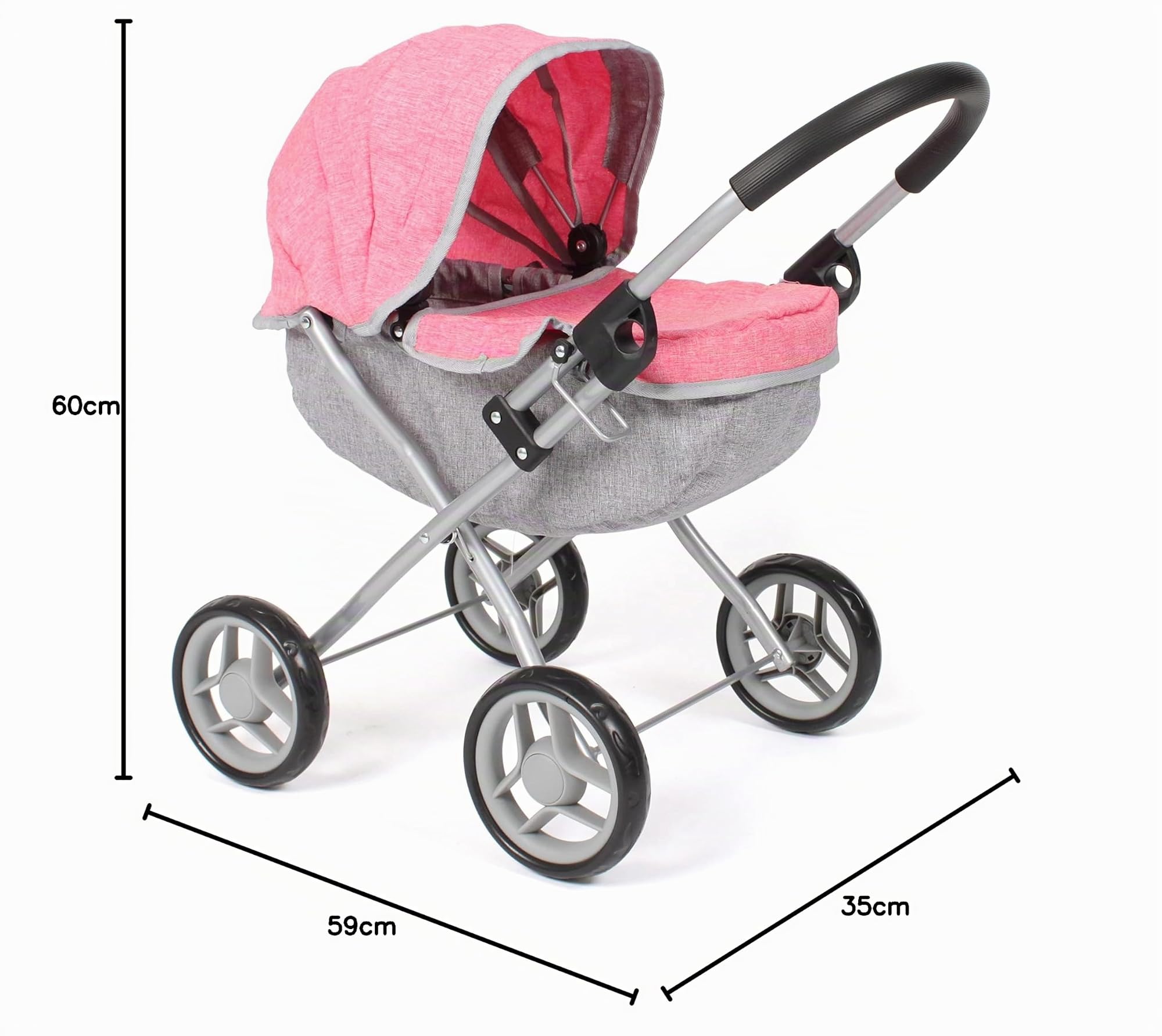 Puppenwagen Lilli, Kleiner Puppenwagen für die jüngsten Puppenmuttis, Melange Pink | Klappbarer Puppenwagen im edlen Design. 55 cm Schieberhöhe, verstellbares Verdeck & ideal für Puppen bis 41 cm.