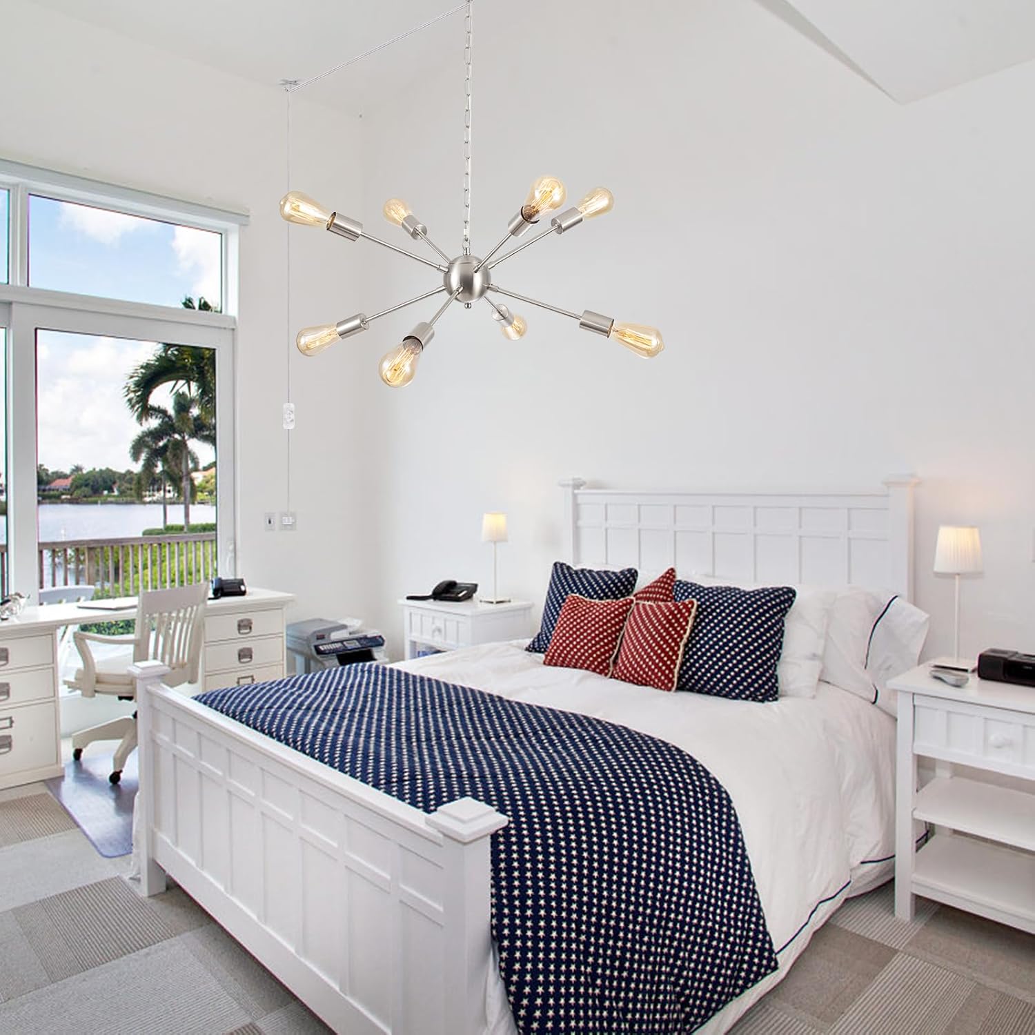 Plug in Chandelier 8 Lights Pendant Light Hanging Lights Fixture Ceiling with Plug in Cord 16.4ft & On/Off Switch Brushed Nickel Sputnik Chandelier for Dining Living Room Kitchen Foyer