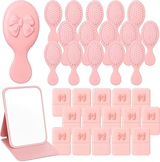 Amyhill 30 Pcs Coquette Bow Party Favor Compact Mirror Mini Hair Brush Travel Detangling Brush Bulk Preppy Bow Gift for Women Birthday Bridal Shower Bachelorette Graduation Party Supplies(Pink)