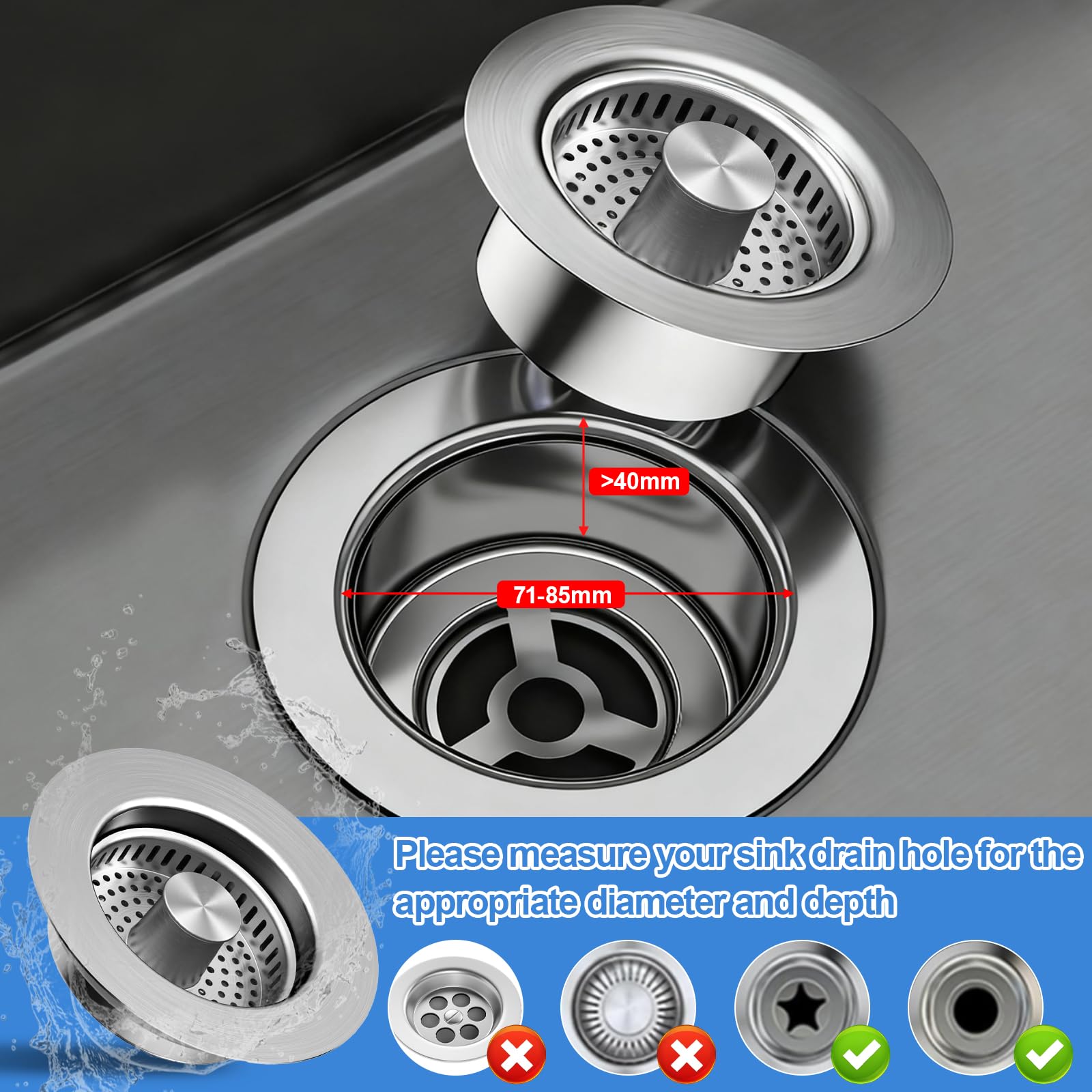 Tapon Fregadero Cocina, 3 en 1 de Acero Inoxidable Filtro Fregadero Cocina, Colador Desagüe con Filtro AntiOlores, Tapón Press Push para Filtro Desague Fregaderos 73-87mm