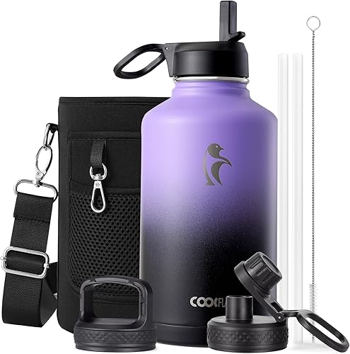 Miniatura 77 de Coolflask - Botella de agua de 64 onzas, aislada, con popote y 3 tapas, con diseño Galaxy, de acero inoxidable al vacío, mantiene las bebidas frías