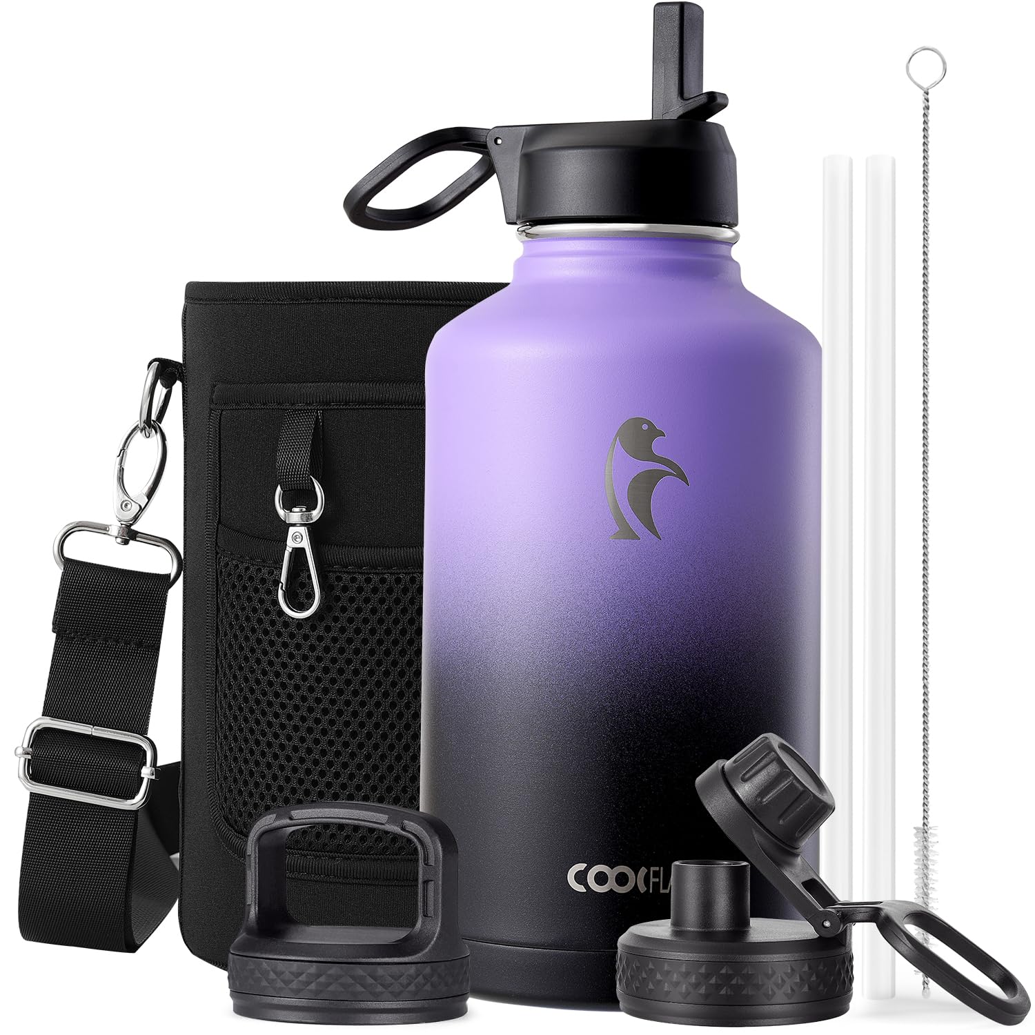 Coolflask Half Gallon Water Bottle Insulated with Straw & 3 Lids, 2L Water Jug Large Metal Stainless Steel Wide Mouth for Sports, Gym or Office, Non-BPA Keep Cold 48H Hot 24H, Purple Black โ image 1