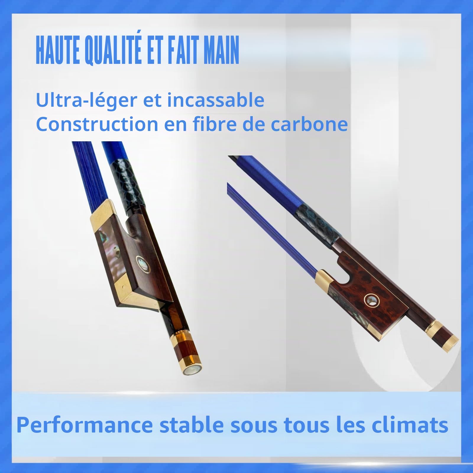 Archet de violon en fibre de carbone 4/4 ultra léger et incassable avec crin de cheval coloré, incrustations de grenouille en bois de serpent et nacre, qualité professionnelle pour les voyages et les