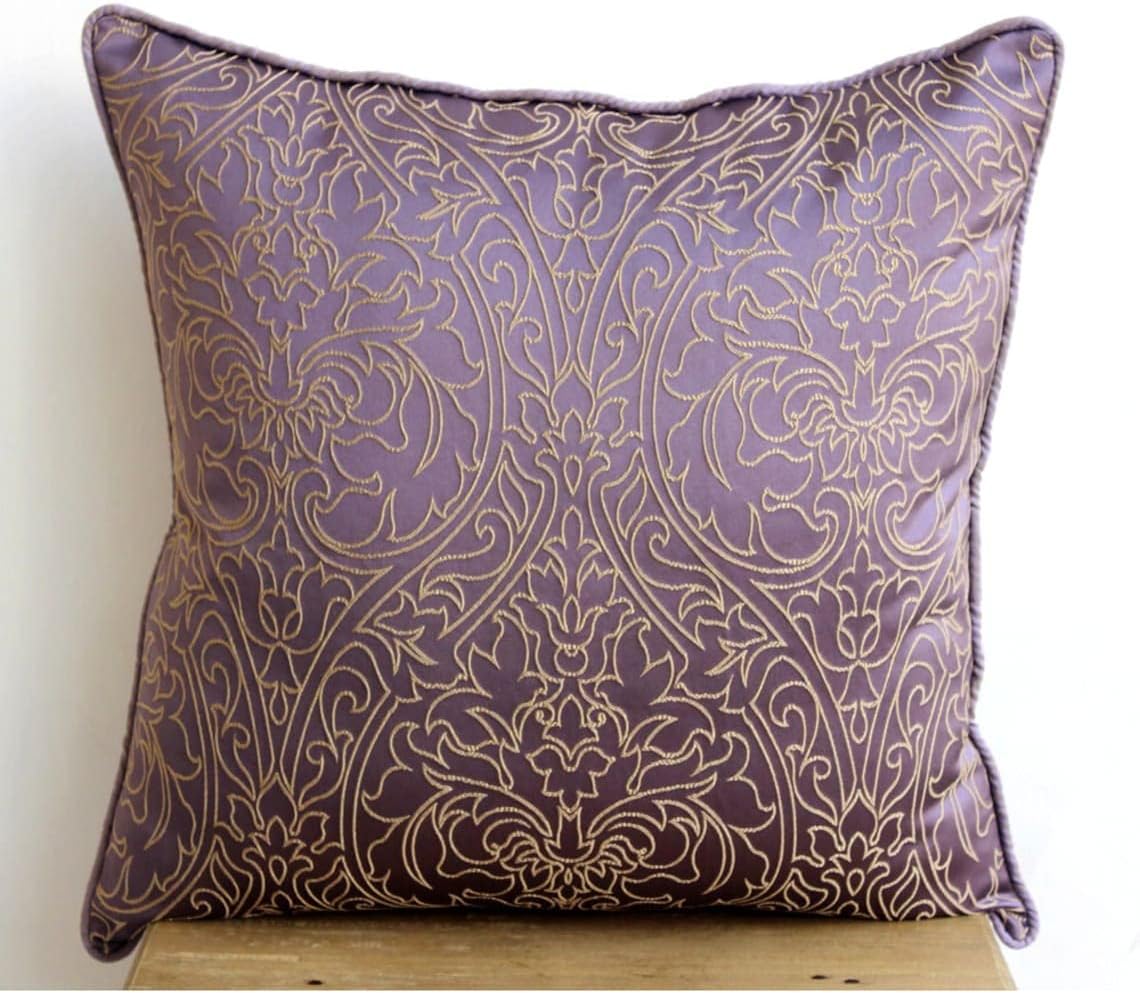 The HomeCentric Cushion Cover Sofa, Decorative Purple Pillow Covers for Couch 16x16 inch (40x40 cm) Jacquard Pillow Covers with Zipper, Damask, Contemporary Pillow Covers - Purple & Gold Damask