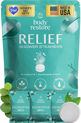 Body Restore Shower Steamers Aromatherapy 15 Pack – Fathers Day Gift for Dad, Birthday Gifts for Women & Men, Spa Stress Relief & Relaxation Self Care Gifts – Premium Eucalyptus Essential Oil Tablets - Eucalyptus Mint - 15 Count (Pack of 1)