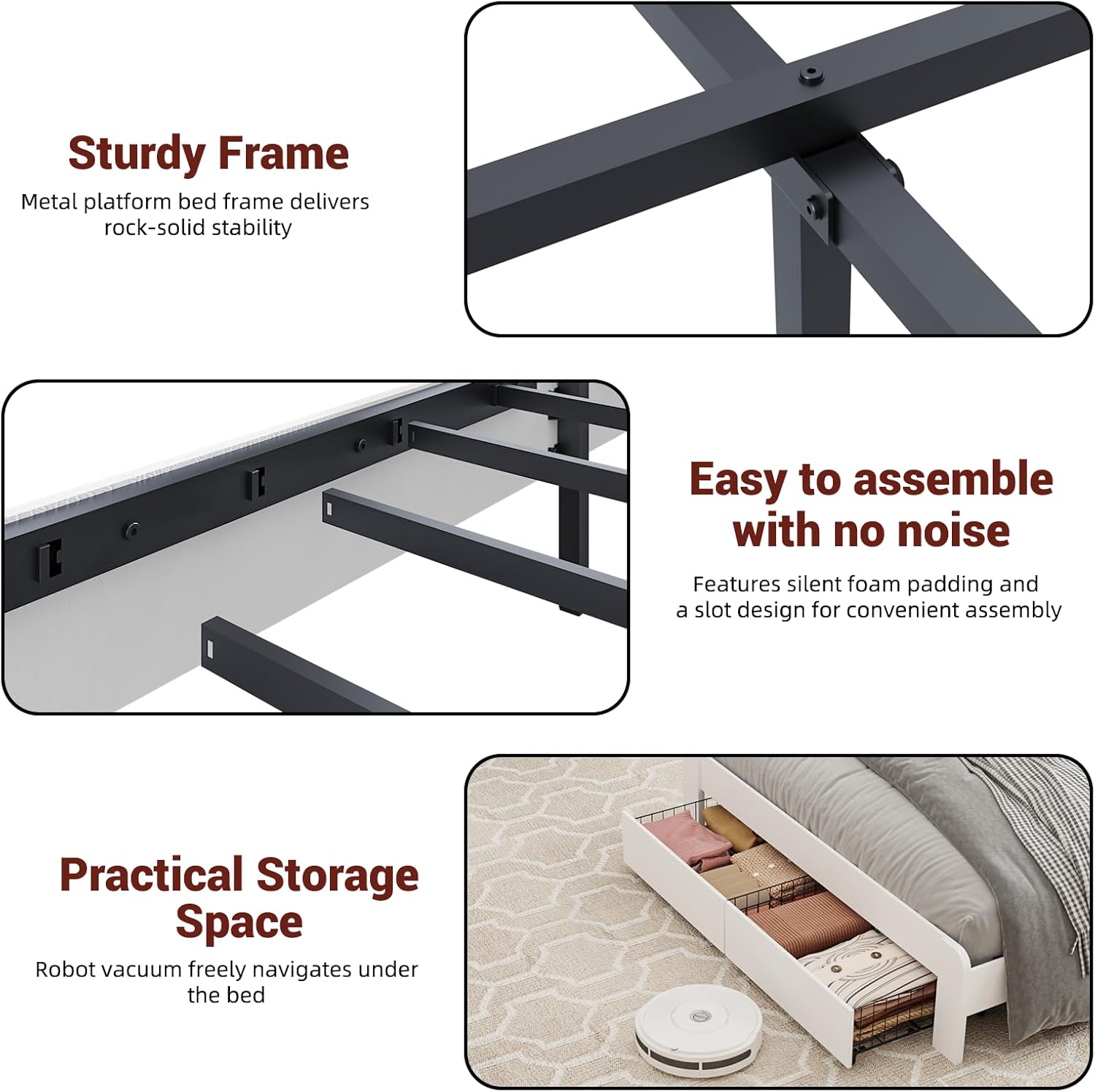 Queen Size Bed Frame with Headboard, Metal Platform Bed Frame with 2 Storage Drawers, Built-in Charging Station, Sturdy Metal Support, No Box Spring Required, Noiseless, Easy Assembly, White