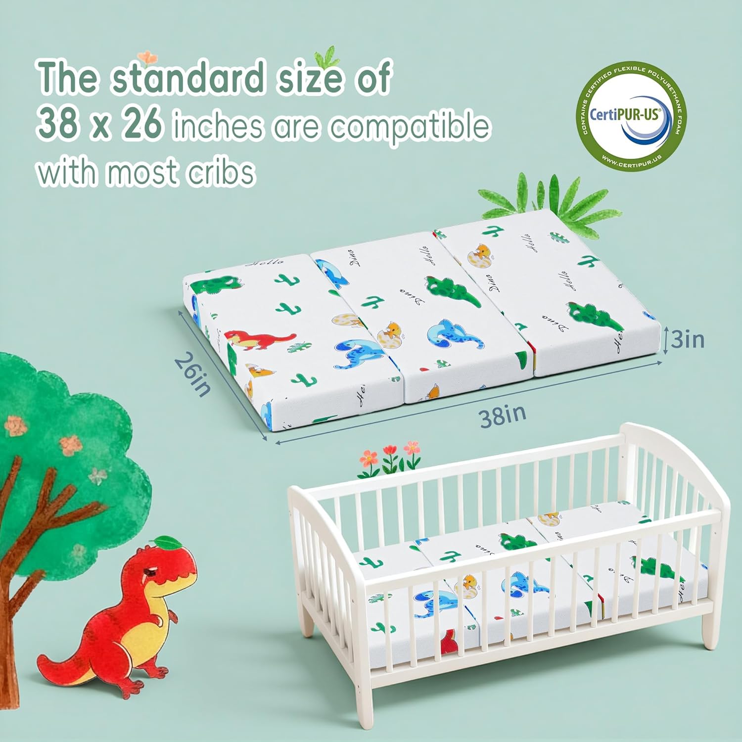 Trifold Pack and Play Mattress Portable Pack N Play Mattresses with Washable Cover Waterproof Travel Crib Mattress for Baby and Toddler Dinosaur Pattern - 38" x 26"