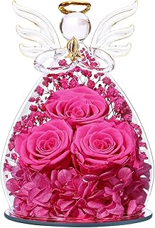 Beferr Christmas Birthday Gifts for Women, Mom Gifts for Christmas Fresh Flowers for Delivery Prime Forever Preserved Rose in Glass Angel Figurine Xmas Gifts for Grandma Wife Sister Her, Rose Red