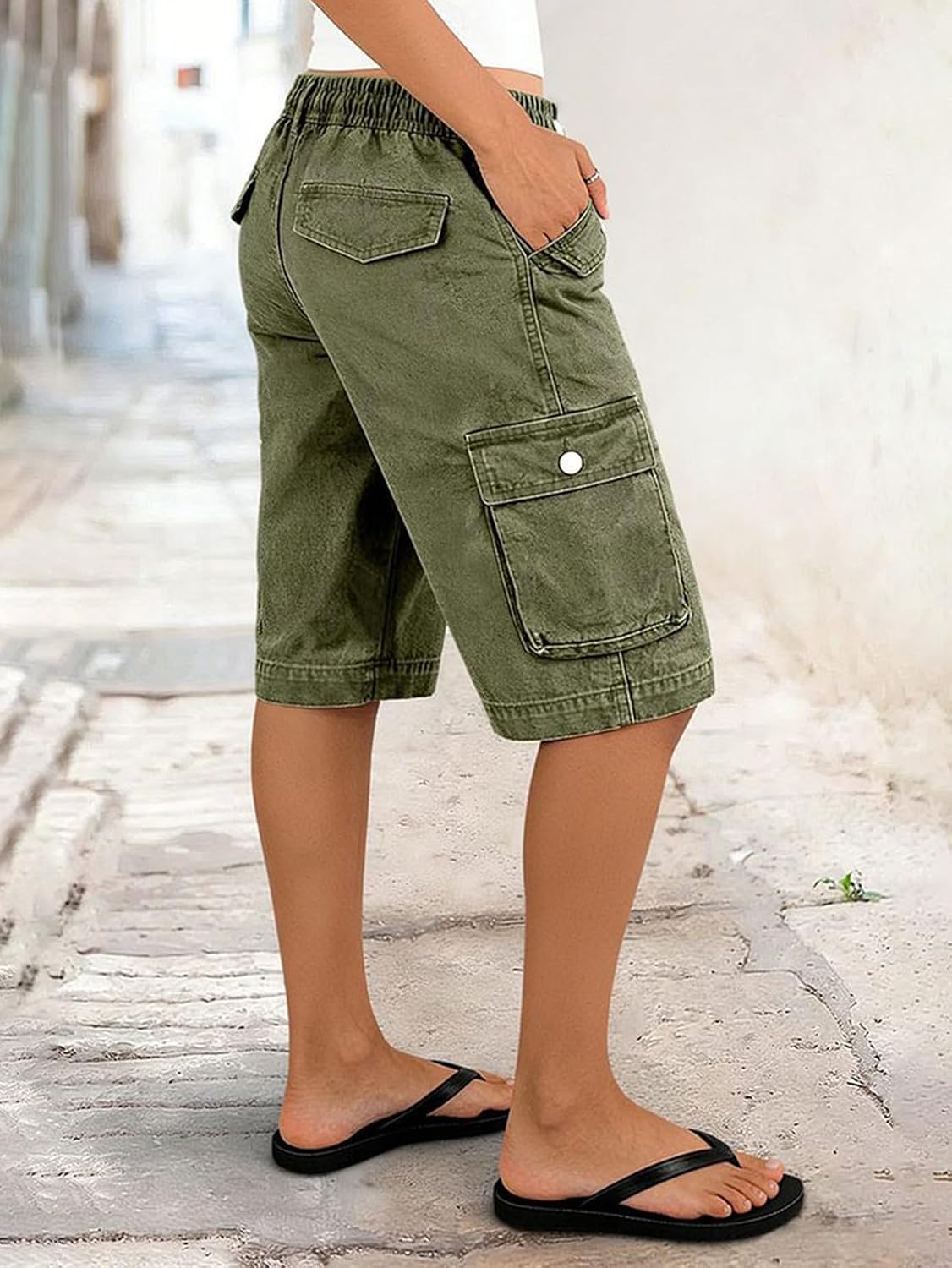 Flamingals Mid Waist Bermuda Cargo Shorts for Women Drawstring Flap Pocket Casual Shorts