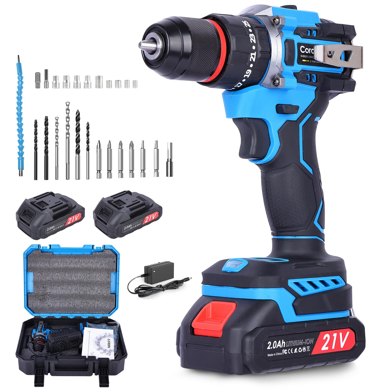 Mistro Light Cordless Drills Driver Brushless: 21V Electric Drills Set With 2000Mah Battery, Power Drill 60N.m Max, 21+1 Torque, 2 Speed, Led 25Pcs Combi Drill For Home, Garden Diy Project (Style1)