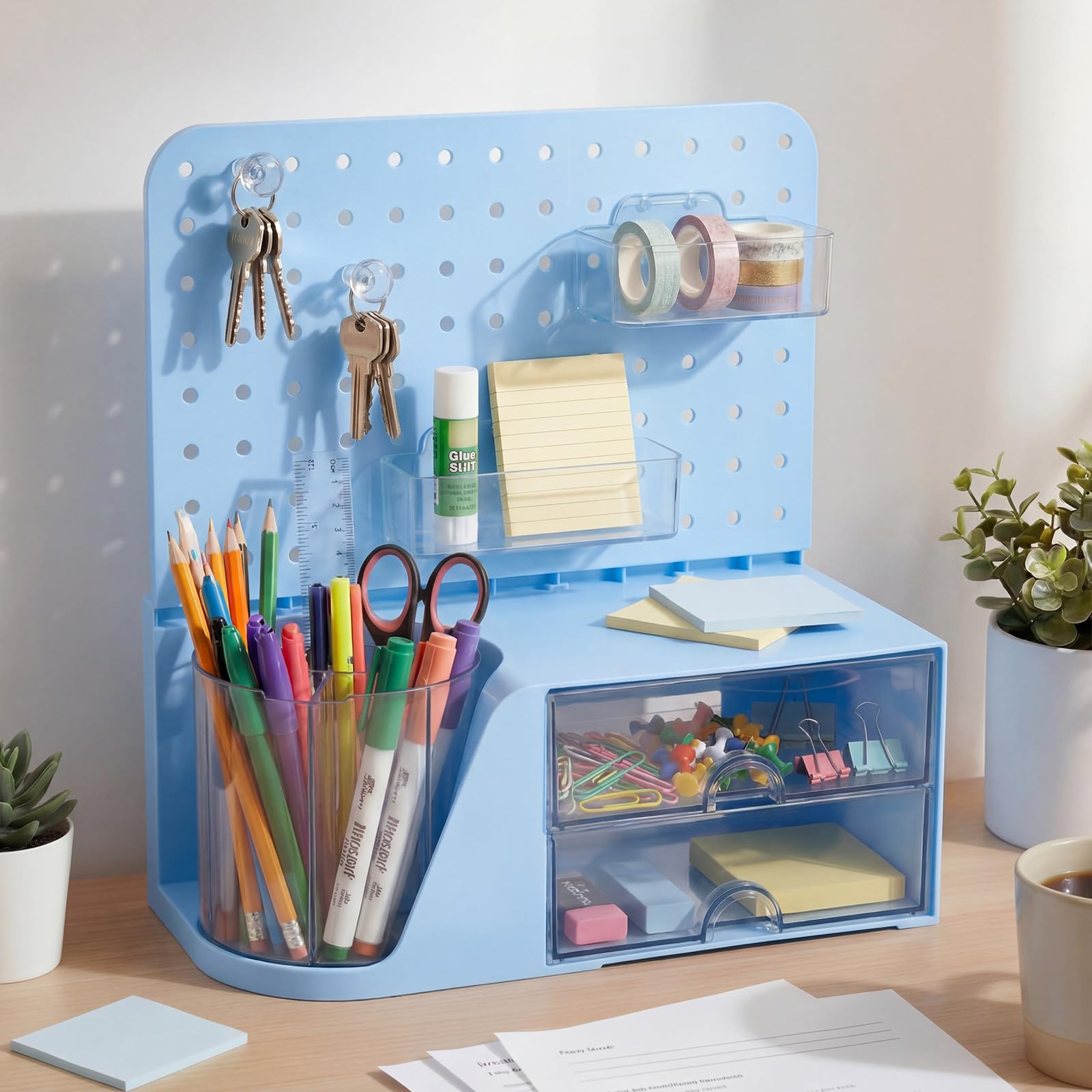 Novabright Schreibtisch-Organizer mit Schubladen, drehbarer Stifthalter mit 5 Steckplätzen und Stecktafel, Geschenk für Schulanfang und Schulanfang, multifunktionale Schreibtischaufbewahrung für
