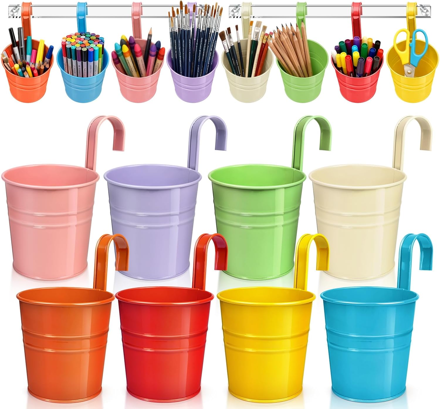 Vowcarol 8 Pack Metal Pencil Holder Crayon Organizer for Classroom with Hanging Rack for Wall, Crayon Holder Hanging Art Storage Buckets for Classroom