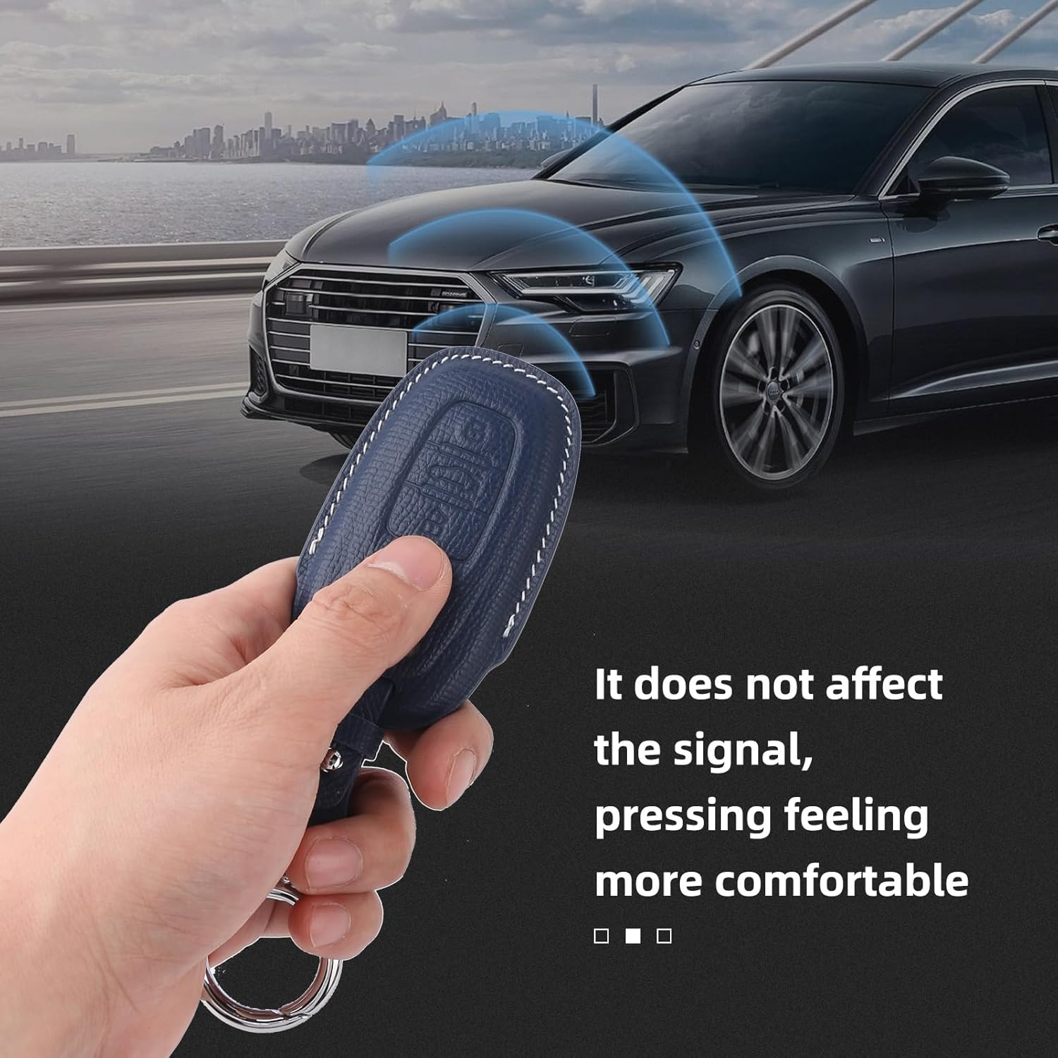 Genuine Leather Key Fob Cover Case, Keychain, Key Shell Compatible with Audi A4 A4L A5 A6 A6L A7 A8 Q5 R8 RS4 RS5 RS6 RS7 S4 S5 S6 S7 S8 SQ5 Key (Blue)