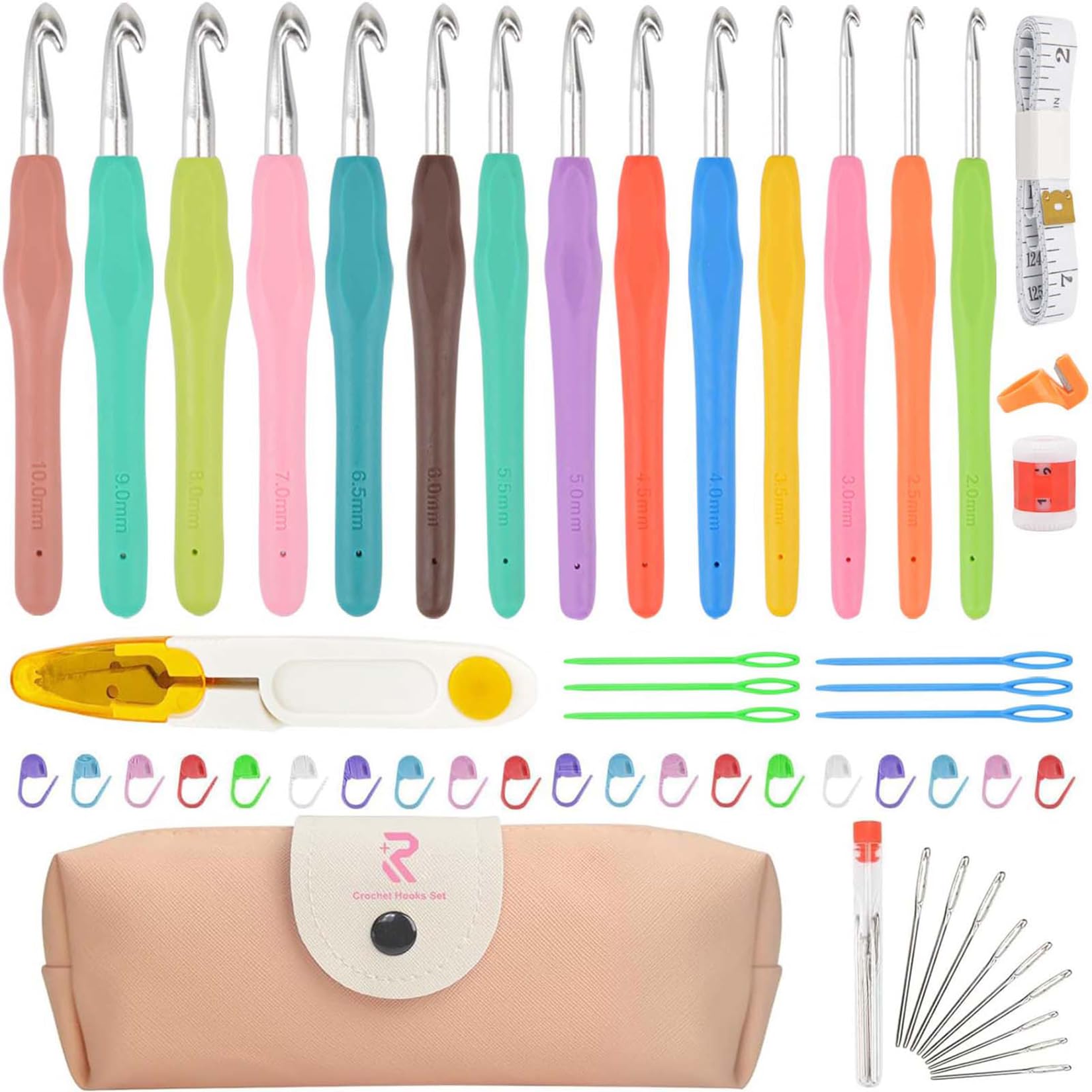 Moseem Häkelnadel Set 54 Stück, 14 Größe Häkelset von 2 mm bis 10 mm für Anfänger mit Häkel Zubehör,Ergonomische Häkelnadeln Soft Gummi Häckelnadel Crochet Set, Häkelnadeln Set mit Tragbaren Fall