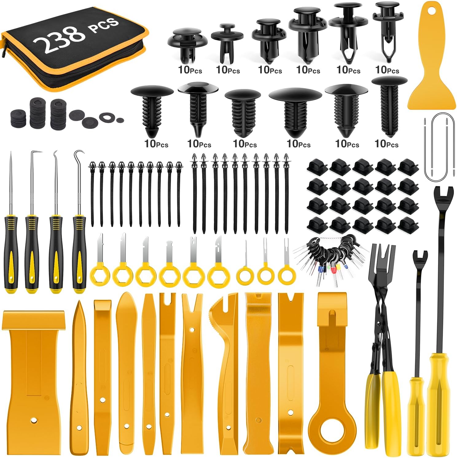 GOOACC 238Pcs Trim Removal Tool, Auto Push Pin Bumper Retainer Clip Set Fastener Terminal Remover Tool Adhesive Cable Clips Kit Car Panel Radio Removal Auto Clip Pliers, Yellow