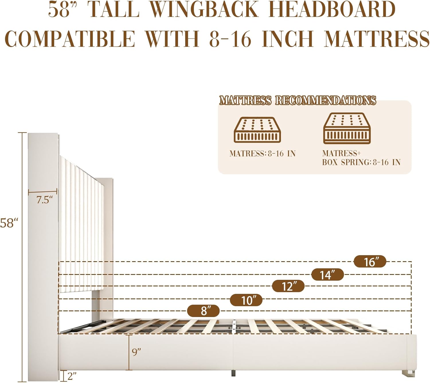 58" Tall Full Size Platform Bed Frame with Velvet Wingback Headboard & Channel Tufting Design, Silver Metal Trim and Chrome-Plated Legs, No Box Spring Needed, Easy Assembly, Noise Free, Beige