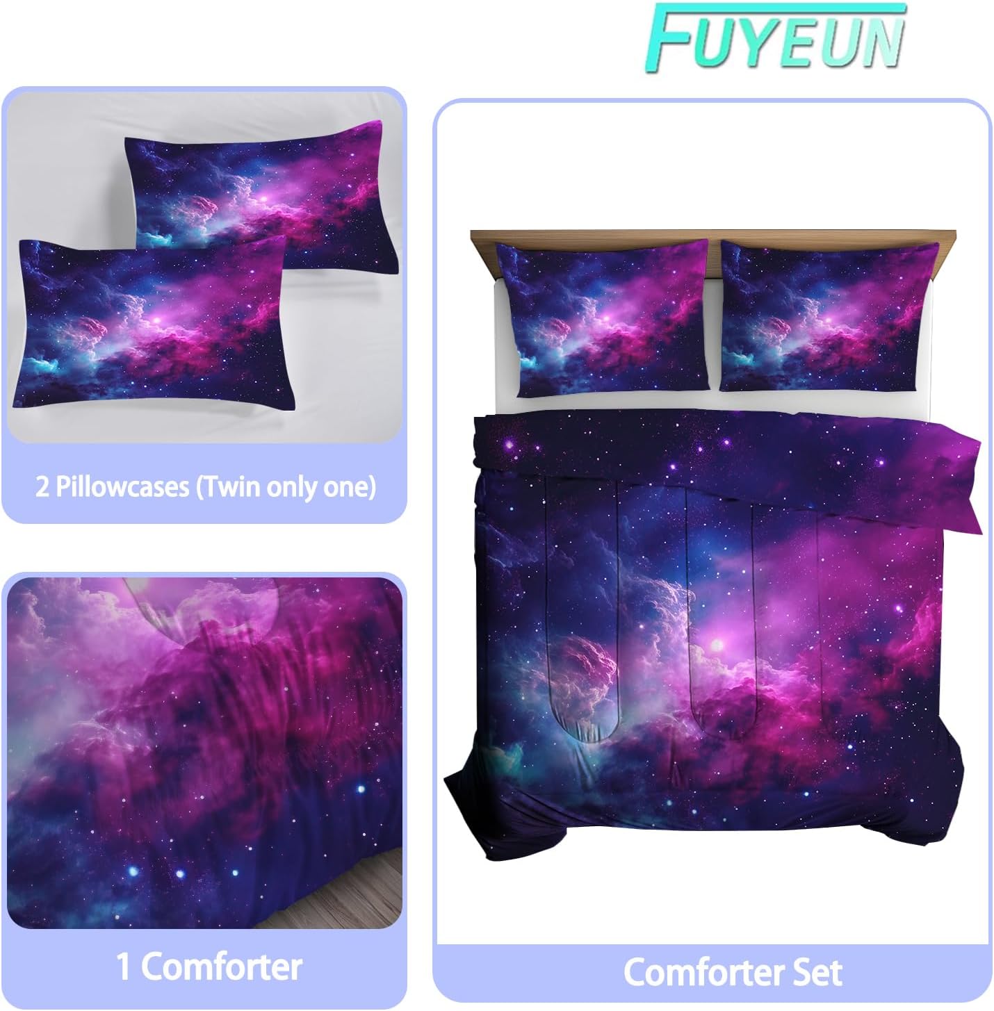 Galaxy Bedding Twin Size Purple Outer Space Comforter Set for Girls Boys Kids Children Bedroom Dorm Quilt 1 Comforter + 1 Pillow Case - Image 2