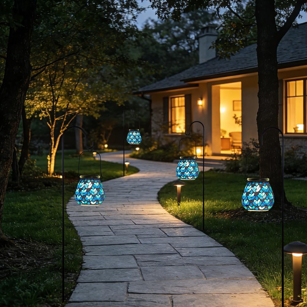 Stargarden 4 Pack Mosaic Solar Lanterns, Blue Glass Hanging Lantern Waterproof Outdoor Hanging Solar Lights Table Lamp for Garden ,Patio,Yard Decor